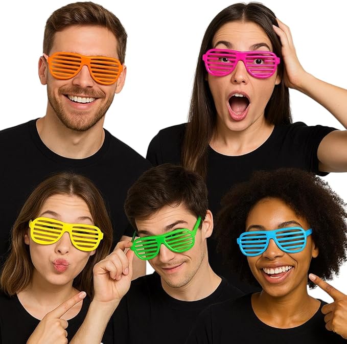 Retro Shutter Glasses for Adults – 80s Neon Party Sunglasses, Festival & Rave Accessories for Men and Women – Fun Fancy Dress Eyewear for Events & Costumes