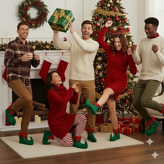 labreeze Pack of 5 Adult Deluxe Elf Boots – Green & Red Plush Christmas Elf Shoes
