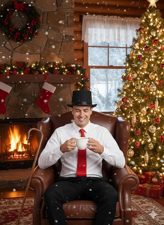 Labreeze Men’s Dickens Caroler Costume Kit – Victorian Christmas Accessories with Black Top Hat, Red Tie and Shepherd’s Crook