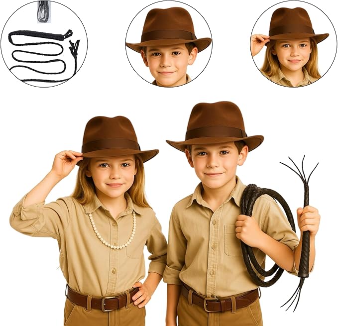 Brown Explorer Hat Set for Kids (2-Pack) with One Explorer Whip – Adventure Safari Costume Accessories for Fancy Dress, Halloween & Role Play