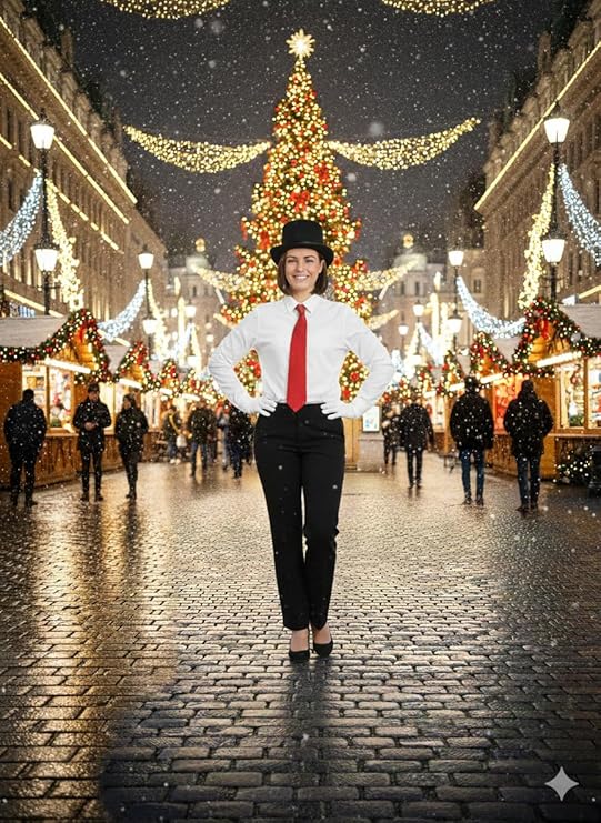 Labreeze Women's Dickens Caroler Accessory Set – Victorian Christmas Costume with Black Top Hat, Red Tie and White Gloves