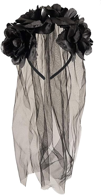 Long Black Veil with Black Flowers Halloween Hairband – Gothic Bride Veil for Adults – Day of the Dead Fancy Dress Hair Accessory for Women – Horror Costume Party Decoration