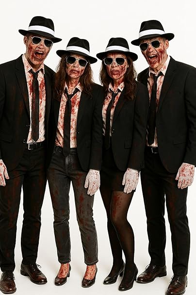 labreeze Halloween Gangster Costume Accessories Set for 4 Adults – Al Capone Hats, Black Ties, Aviator Glasses, Sequin Gloves & Fake Blood – Fancy Dress Party Kit