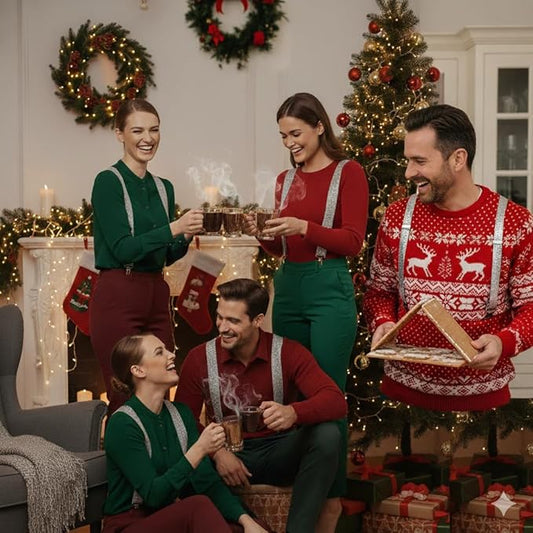 Labreeze Pack of 4 Silver Sequin Braces – Adjustable Sparkly Suspenders for Adults & Teens