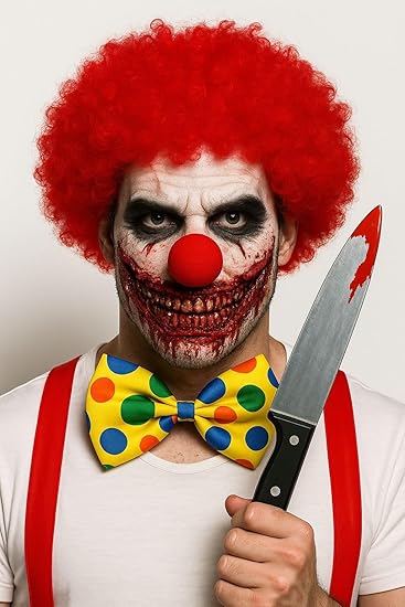 Men’s Red Afro Wig, White Face Paint, Red Braces, Bow Tie, Knife & Fake Blood – Adult Fancy Dress Costume Accessories Set for Halloween, Horror, Cosplay, Parties & Themed Events