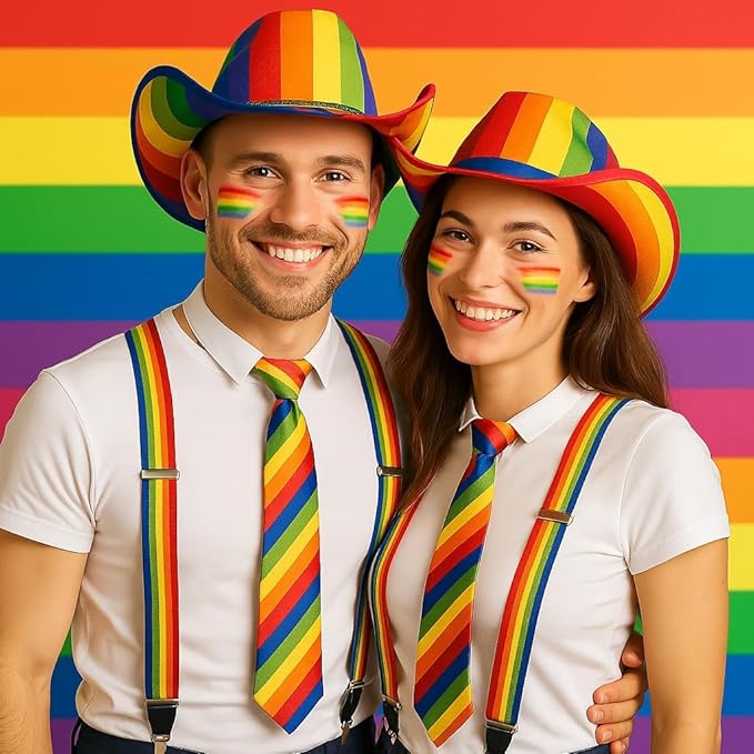 labreeze 2 x Adults Couples Rainbow Cowboy Hat Ties Braces For Gay Pride Fancy Dress