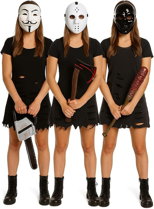 labreeze Halloween Horror Movie Mask and Weapon Set – 3-Pack Including Anonymous, Hockey & Dark Lord Masks with Chainsaw, Axe & Bat Props – Scary Costume Accessories for Adults