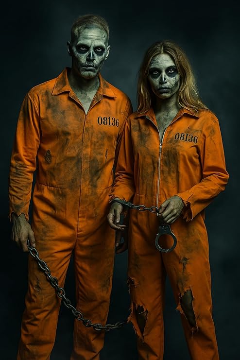labreeze Halloween Prison Jumpsuit Costume with Handcuffs – Orange Inmate Uniform with Prisoner Number – Unisex Adult Fancy Dress Outfit for Halloween & Parties