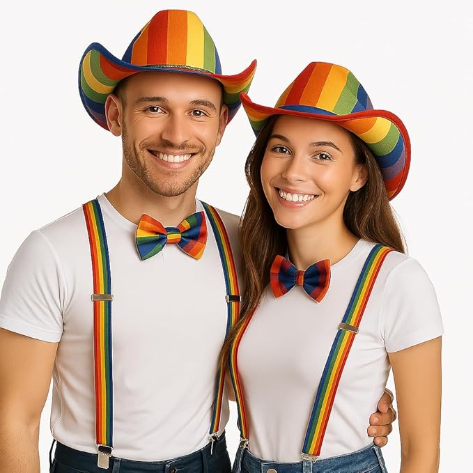Labreeze 2 x Adults Rainbow Cowboy Felt Hat Bow Tie Braces Gay Pride Fancy Dress Set