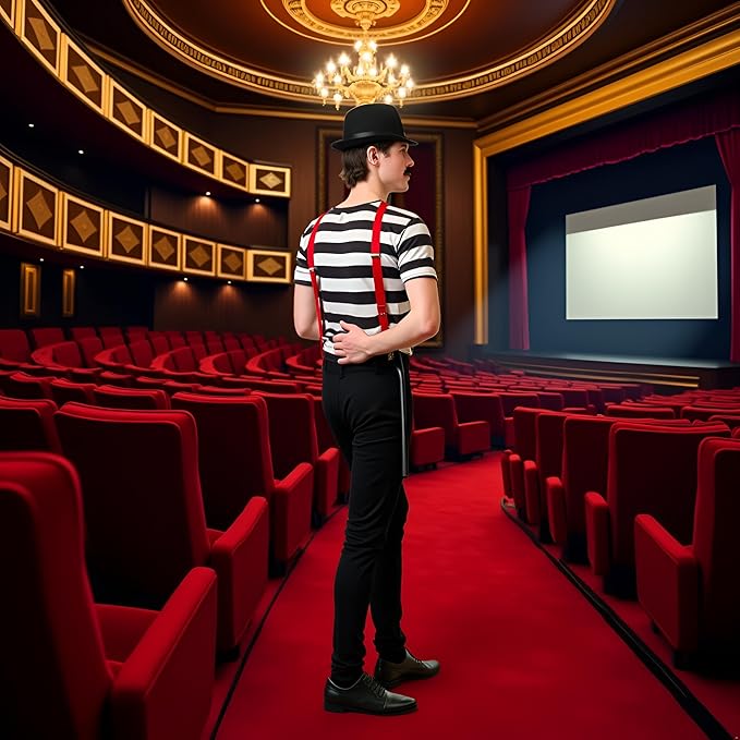 labreeze Men’s Charlie Chaplin Costume Accessory Set – Bowler Hat, Black Bow Tie, Red Braces, Black Cane & Moustache – 5-Piece Fancy Dress Kit for Adults, Theatre, Cosplay & Comedy Events