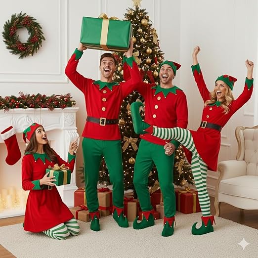 labreeze Pack of 4 Adult Deluxe Elf Boots – Green & Red Plush Christmas Elf Shoes