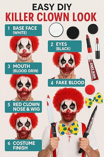 Men’s Red Afro Wig, White Face Paint, Red Braces, Bow Tie, Knife & Fake Blood – Adult Fancy Dress Costume Accessories Set for Halloween, Horror, Cosplay, Parties & Themed Events
