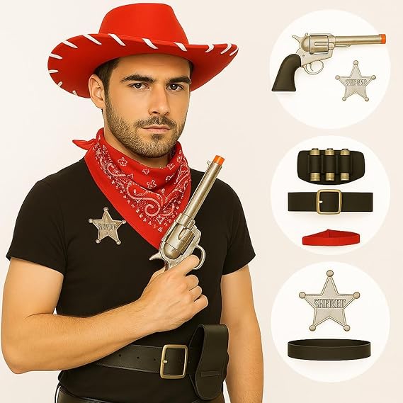 labreeze Couples Cowboy Sheriff Costume Set – Red & Brown Hat with Accessories – Western Fancy Dress
