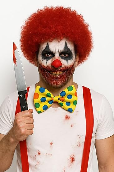 Men’s Red Afro Wig, White Face Paint, Red Braces, Bow Tie, Knife & Fake Blood – Adult Fancy Dress Costume Accessories Set for Halloween, Horror, Cosplay, Parties & Themed Events