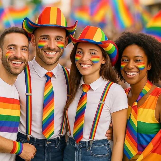 labreeze 2 x Adults Couples Rainbow Cowboy Hat Ties Braces For Gay Pride Fancy Dress