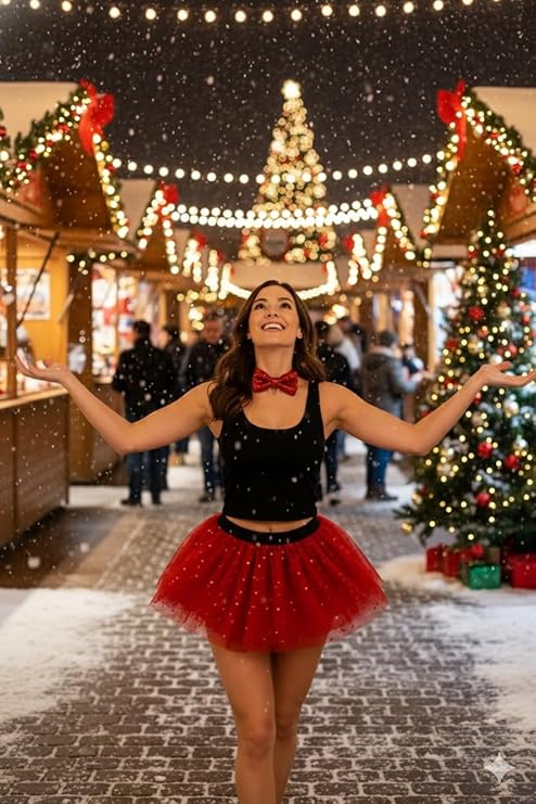 Labreeze Red Sequin Tutu & Bow Tie Set – Adult Sparkly Christmas Party Fancy Dress Costume