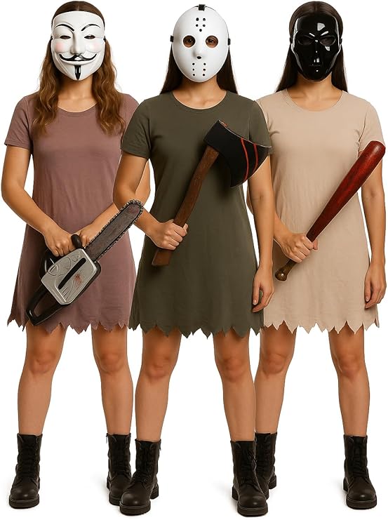 labreeze Halloween Horror Masks and Weapons Set – 3-Pack Classic Anonymous, Hockey & Black Villain Masks with Chainsaw and Bat Props – Scary Fancy Dress Costume Accessories for Adults