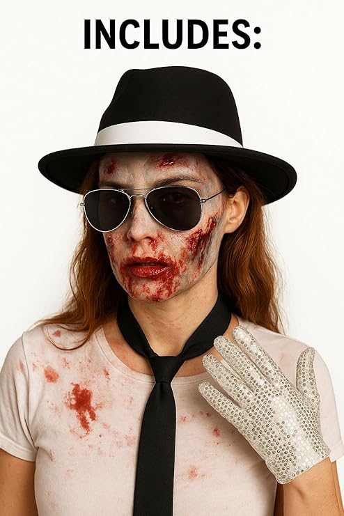 Women’s Halloween Gangster Costume Accessories Set – Al Capone Hat, Black Tie, Aviator Glasses, Sequin Glove & Fake Blood – Fancy Dress Kit for Girls & Ladies