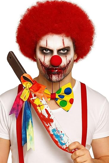 Men’s Killer Clown Style Halloween Set – Red Afro Wig, Face Paint, Fake Blood, Machete Prop, Red Braces & Bow Tie – Adult Horror Fancy Dress Costume Accessories Kit