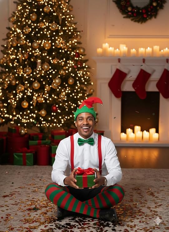 Labreeze Christmas Elf Costume Accessory Set – Hat, Striped Tights & Green Bow Tie