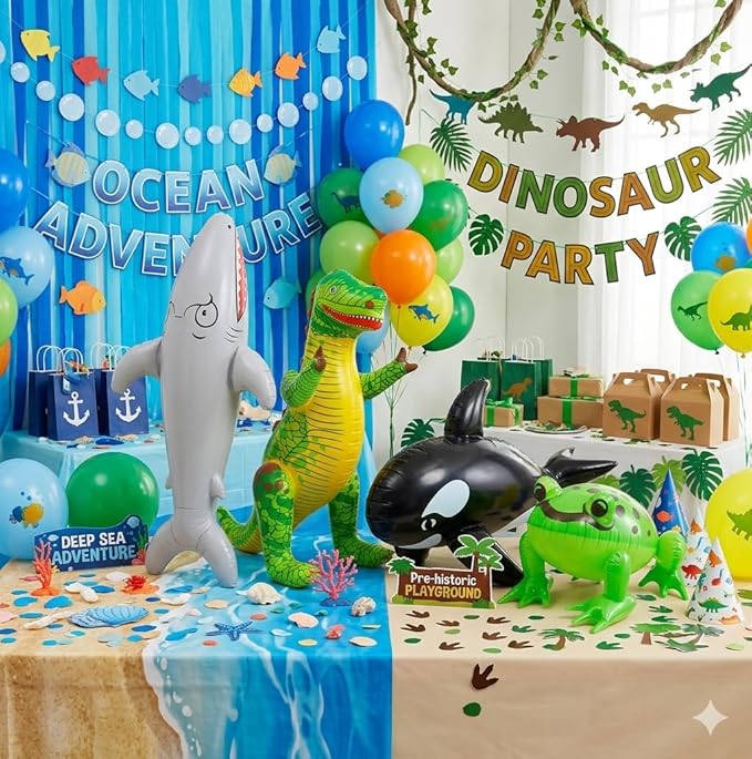 labreeze Set of 4 Inflatable Animal Toys – Shark, T-Rex Dinosaur, Whale & Frog Party Decorations - Labreeze Ltd