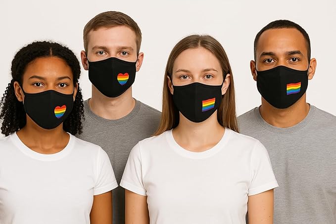 4 x Rainbow Pride Face Mask, Black Cotton with Heart and Flag Design, LGBTQ Support