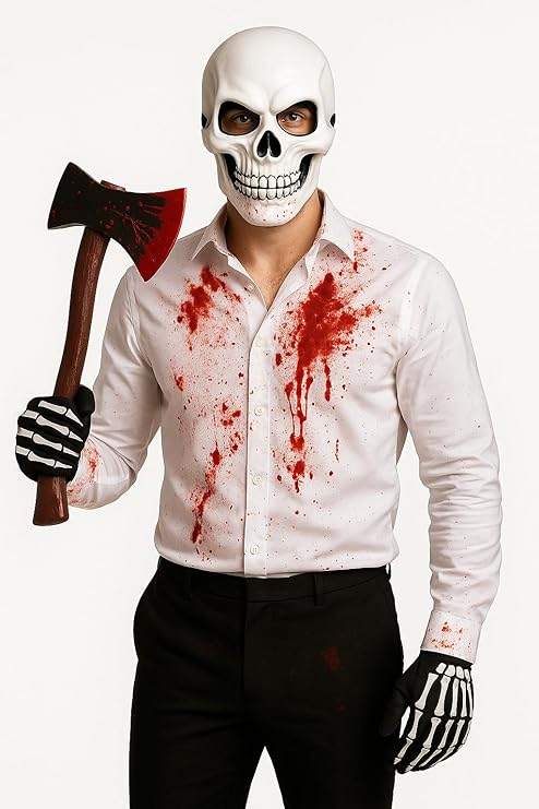 labreeze Halloween Horror Costume Set – Realistic Skull Mask with Bloody Axe Prop & Skeleton Gloves – Scary Halloween Fancy Dress Accessories for Adults, Cosplay & Haunted Parties