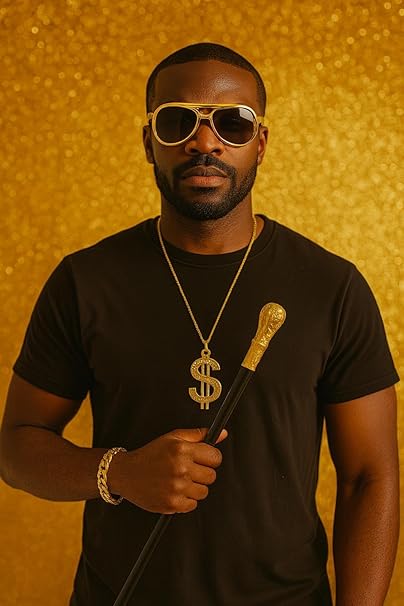 labreeze Pimp Fancy Dress Accessory Set – 3-Piece Cane with Top, Dollar Sign Necklace (11cm), Bling Bracelet (31cm) & Retro Sunglasses – Costume Kit for Parties, Halloween & Themed Events