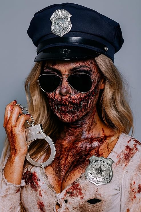 Women’s Zombie Police Costume Accessories Set – Includes Police Hat, Badge, Handcuffs, Black Sunglasses and Fake Blood – Halloween Fancy Dress Kit for Girls & Ladies