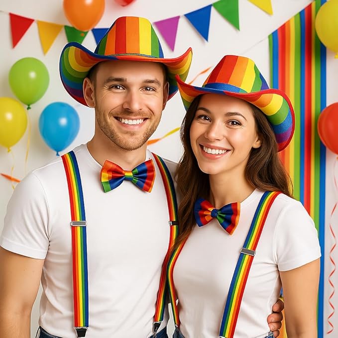 Labreeze 2 x Adults Rainbow Cowboy Felt Hat Bow Tie Braces Gay Pride Fancy Dress Set