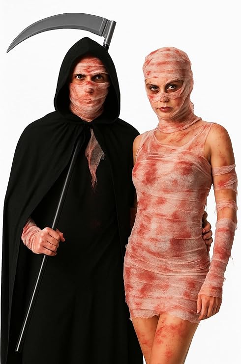 Labreeze Halloween Horror Costume Set – Black Hooded Cape, 2 Blood Bandages & 102cm Scythe – Spooky Dress-Up Outfit for Adults