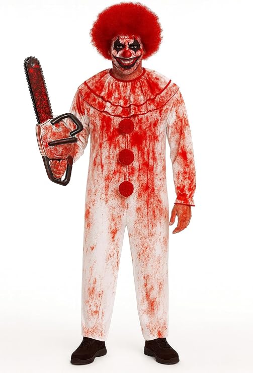 labreeze Halloween Horror Clown Costume Set with Chainsaw Prop, Blood Red and White Jumpsuit, Red Wig & Fake Blood – Adult Killer Clown Fancy Dress Outfit for Halloween Parties, Cosplay & Scary Events
