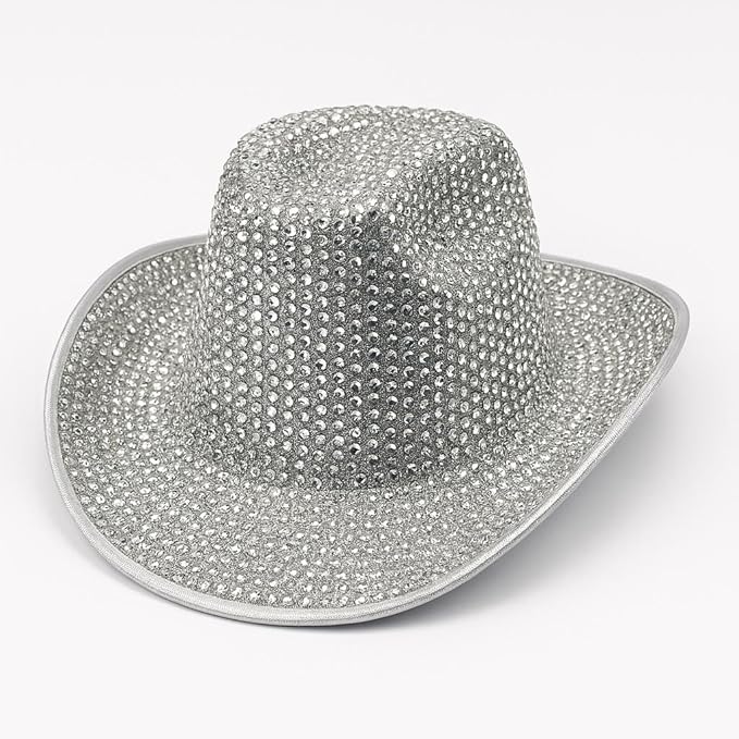 Set of 4 Silver Sequin Disco Cowboy Hats – Glittering Party Hats for Themed Events, Festivals, Hen Parties, Stag Dos, and Fancy Dress Costumes