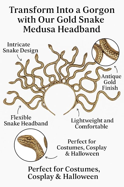 labreeze 3-Pack Gold Medusa Snake Headbands for Women – Greek Gorgon Mythology Fancy Dress Accessories – Adult Costume Set for Halloween, Cosplay & Themed Parties