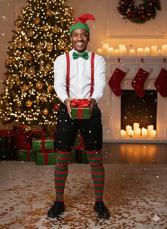 Labreeze Christmas Elf Costume Accessory Set – Hat, Striped Tights & Green Bow Tie