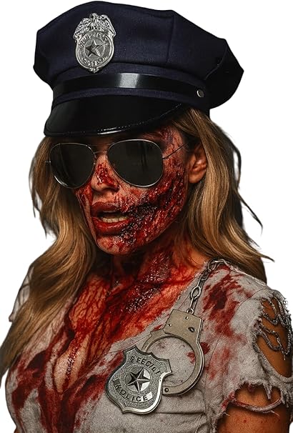 Women’s Zombie Police Costume Accessories Set – Includes Police Hat, Badge, Handcuffs, Black Sunglasses and Fake Blood – Halloween Fancy Dress Kit for Girls & Ladies