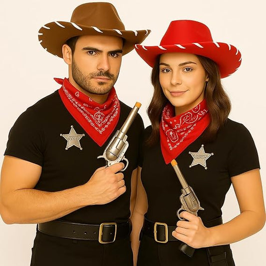 labreeze Couples Cowboy Sheriff Costume Set – Red & Brown Hat with Accessories – Western Fancy Dress
