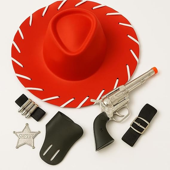 labreeze Couples Cowboy Sheriff Costume Set – Red & Brown Hat with Accessories – Western Fancy Dress