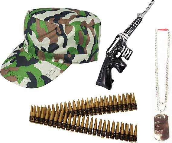 labreeze Camouflage Army Cap | Dog Tag | Machine Gun | Bullet Belt | Military Soldier Fancy Dress | World Book Week Costume Kit
