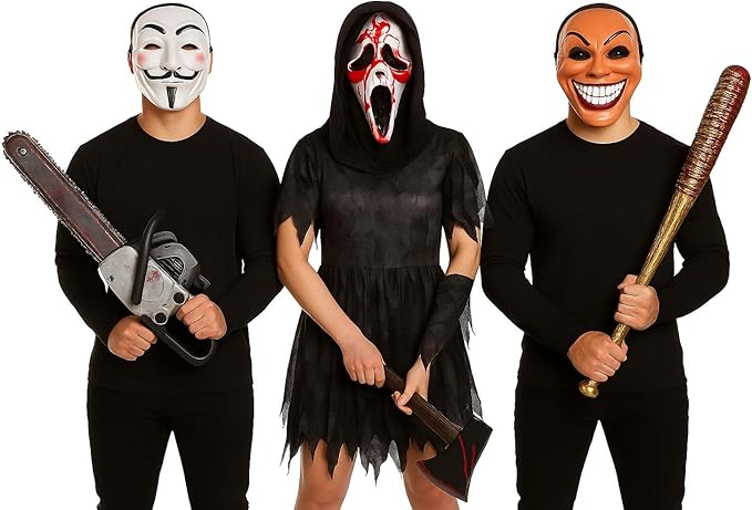 Halloween Masks & Weapons Set – Vendetta Face Mask, Bleeding Halloween Mask, Evil Grin Mask, Bloody Baseball Bat with Barbed Wire, Bloody Chainsaw & Bloodied Axe – Scary Fancy Dress Costume Props