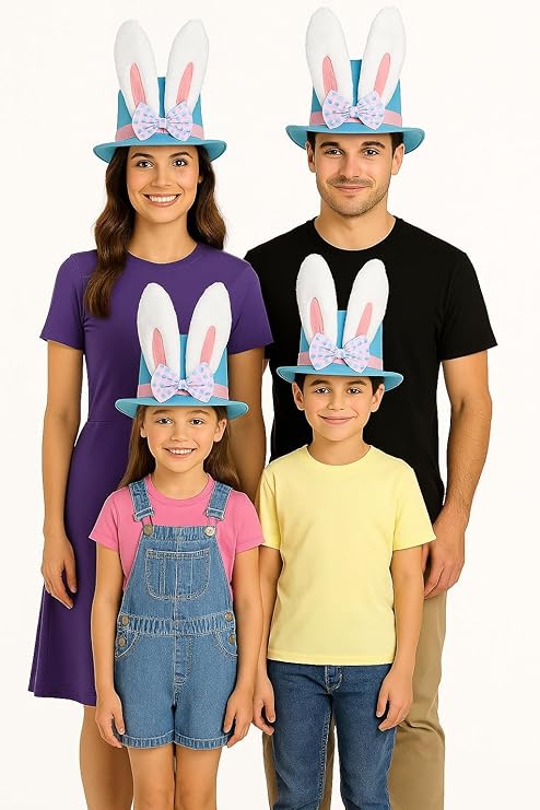 labreeze Easter Bunny Ears Top Hat Set for Family – 4 Light Blue Bunny Hats with Pink Band & Bow – Fun Easter Fancy Dress & Costume Accessory for Kids & Adults