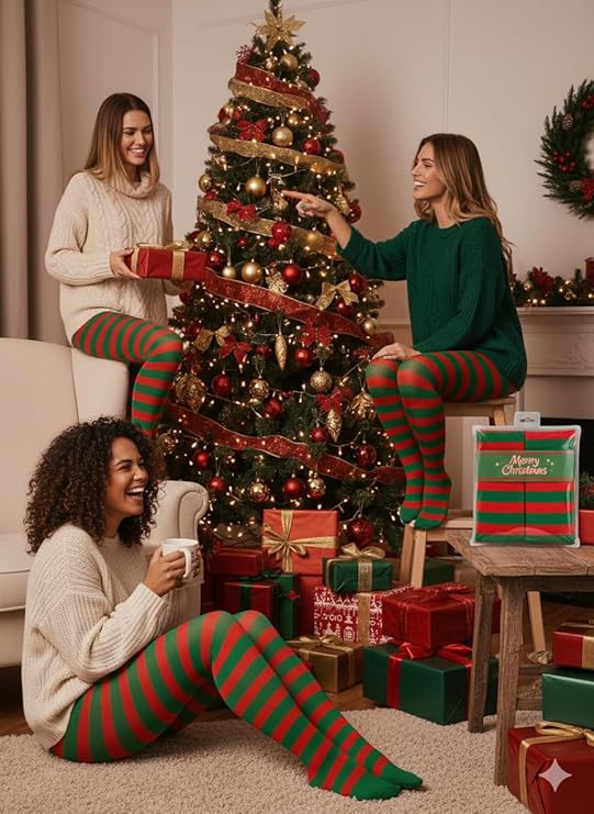 labreeze Pack of 3 Women’s Red and Green Christmas Tights – Festive Candy Cane Striped Elf Tights for Holiday Costumes & Parties