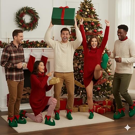 labreeze Pack of 5 Adult Deluxe Elf Boots – Green & Red Plush Christmas Elf Shoes