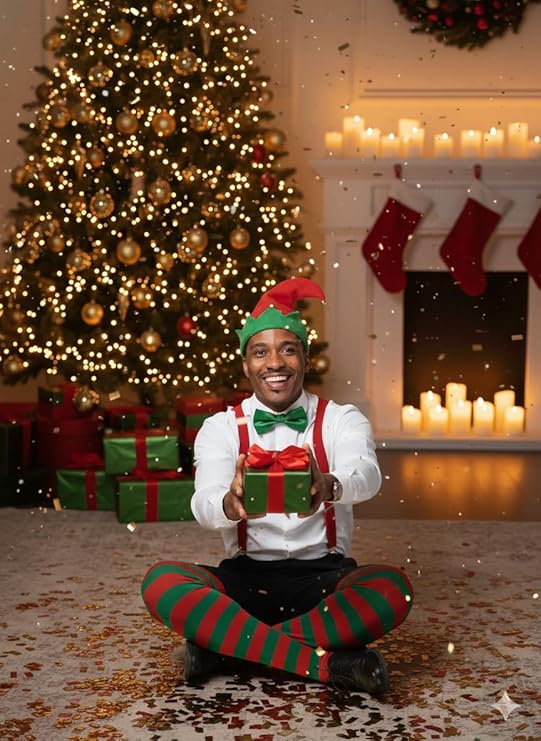 Labreeze Christmas Elf Costume Accessory Set – Hat, Striped Tights & Green Bow Tie