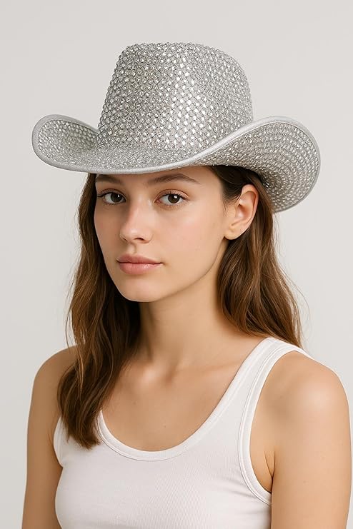 Set of 4 Silver Sequin Disco Cowboy Hats – Glittering Party Hats for Themed Events, Festivals, Hen Parties, Stag Dos, and Fancy Dress Costumes