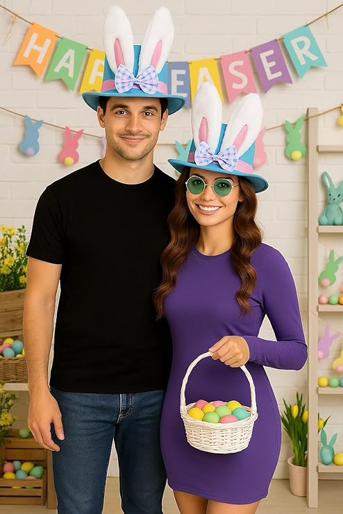 labreeze Easter Bunny Ears Top Hat Set for Family – 4 Light Blue Bunny Hats with Pink Band & Bow – Fun Easter Fancy Dress & Costume Accessory for Kids & Adults