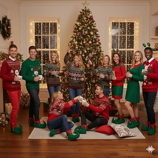 labreeze Pack of 10 Adult Deluxe Elf Boots – Green & Red Plush Christmas Elf Shoes