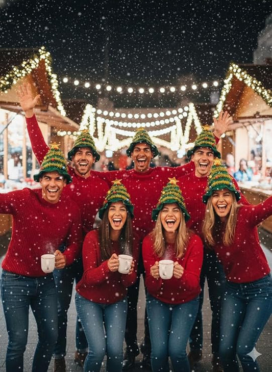 Labreeze Christmas Tree Novelty Hat – Green and Gold Striped with Star Topper, Pack of 7, Adult Size