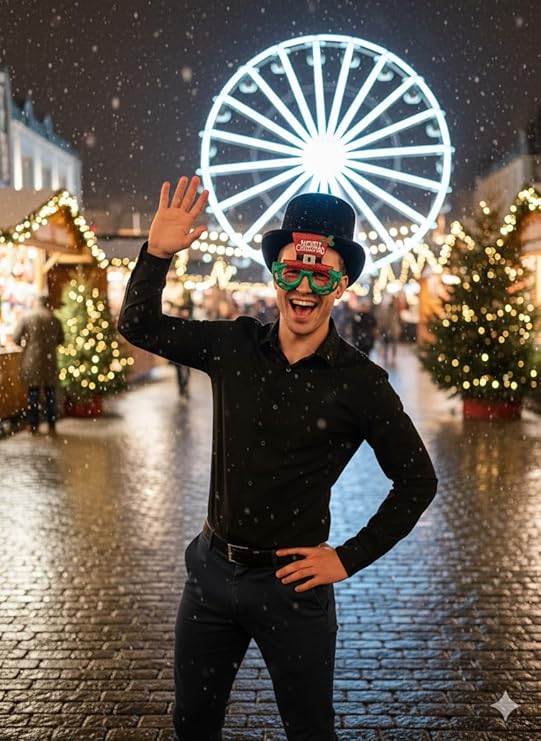 Labreeze Black Velour Top Hat with Merry Christmas Novelty Glasses – Adult Festive Holiday Costume Accessory Set