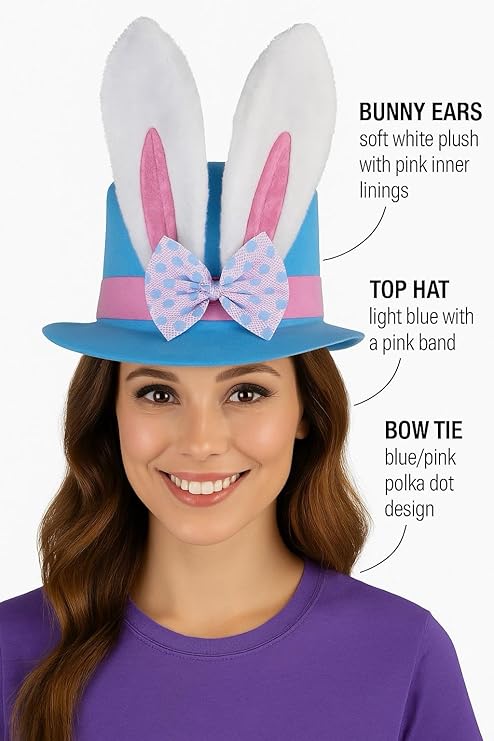 labreeze Easter Bunny Ears Top Hat Set for Family – 4 Light Blue Bunny Hats with Pink Band & Bow – Fun Easter Fancy Dress & Costume Accessory for Kids & Adults